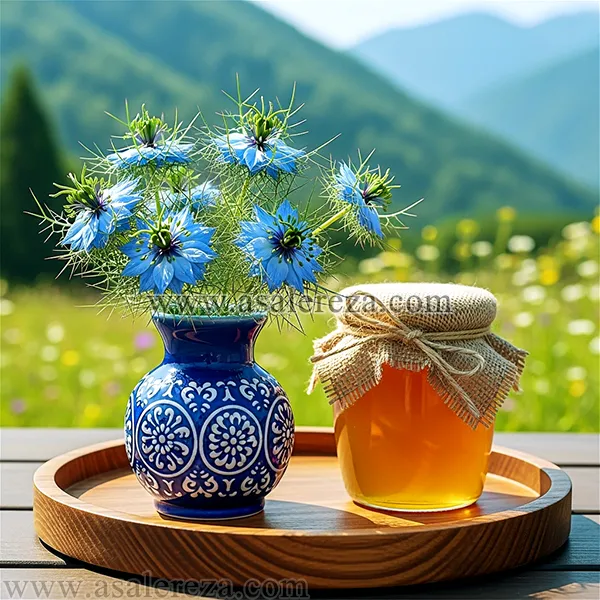 عسل طبیعی در کنار گلدان گل های سیاه دانه در کوهستان سرسبز
