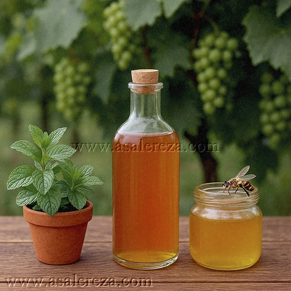 عسل، شربت سرکه انگبین و گلدان نعناع در باغ انگور