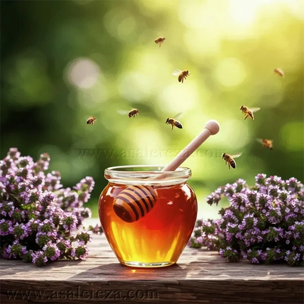 عسل در میان گل های گاوپونه و زنبورهای عسل