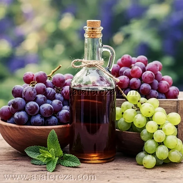 سرکه انگور طبیعی در بطری شیشه ای در کنار نعناع تازه در میان چند خوشه انگور