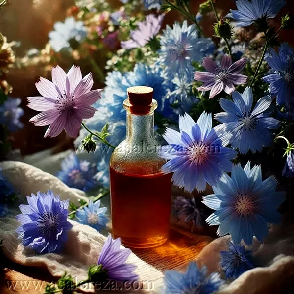 سرکه انگور در بطری شیشه ای در میان گل های کاسنی