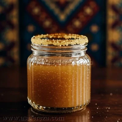 عسل رس بسته در پت شیشه ای روی سطح چوبی با پس زمینه سنتی