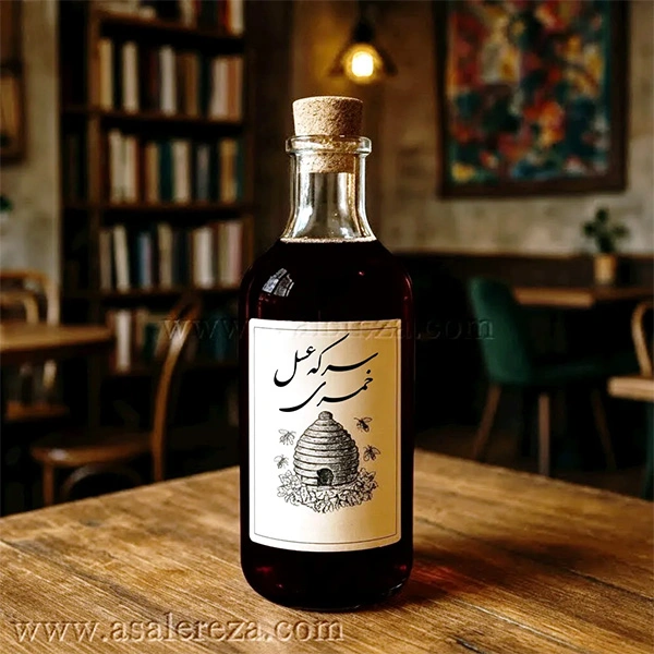 سرکه عسل خمری در بطری شیشه ای در کافه